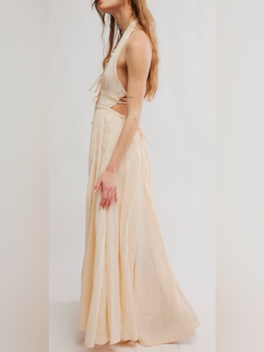 NEW FREE-EST BY FREE PEOPLE ANGEL Plunge Halter Neck ivory MAXI DRESS sz M - Picture 2 of 8